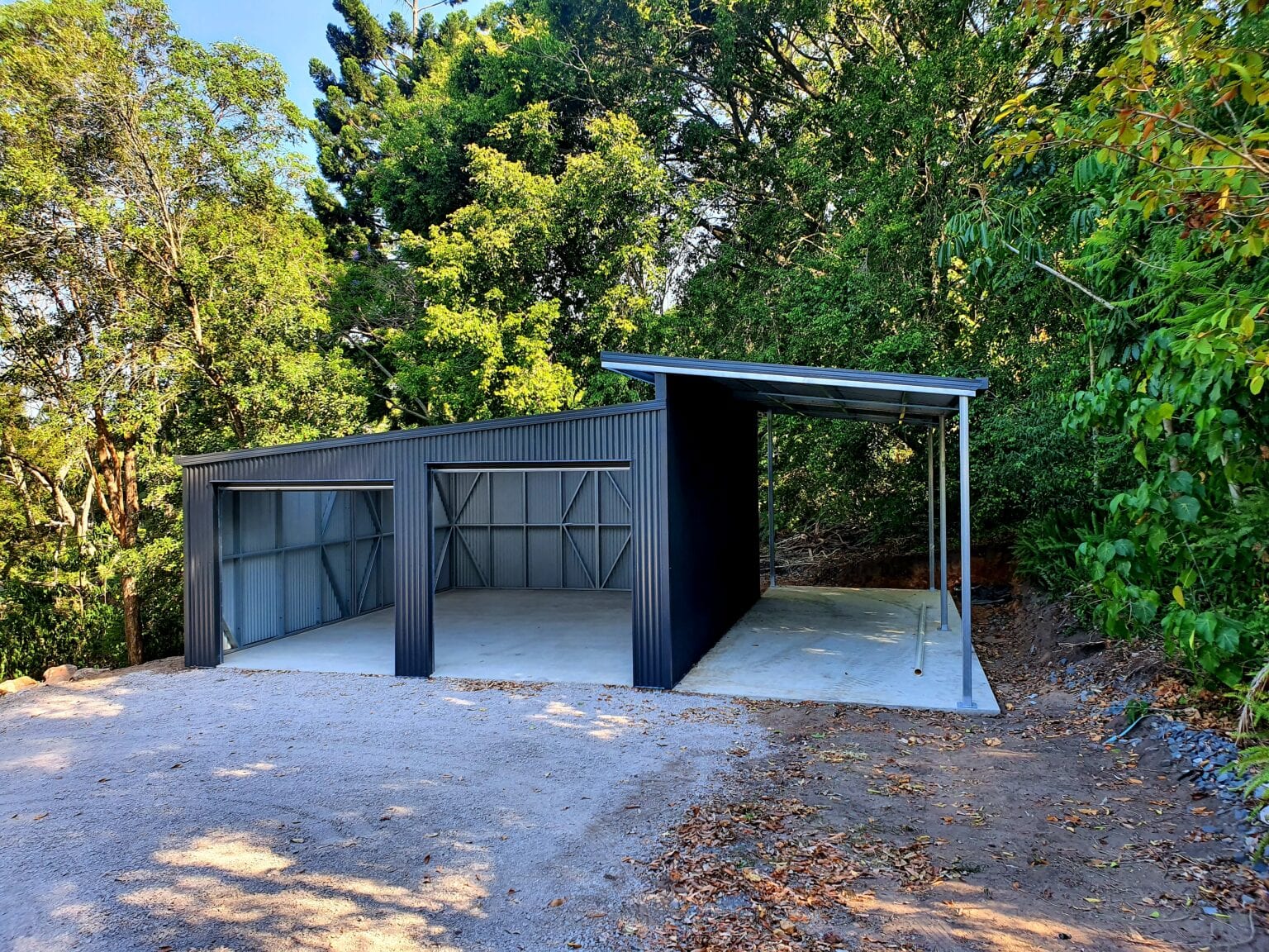 double door skillion shed with carport